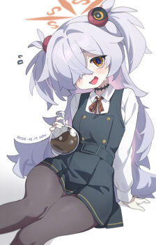 1girl absurdres bags_under_eyes black_pantyhose blue_archive blush brown_eyes brown_halo brown_ribbon buttons collared_shirt crossed_bangs dated diagonal-striped_ribbon double-breasted dress feet_out_of_frame flask flying_sweatdrops grey_eyes grey_hair hair_ornament hair_over_one_eye halo hand_up highres holding holding_flask kanoe_(blue_archive) loli long_hair long_sleeves looking_at_viewer lower_teeth_only midsummerw mojyo neck_ribbon open_mouth pantyhose pinafore_dress ribbon round-bottom_flask scar scar_on_neck shirt simple_background sitting sleeve_cuffs sleeveless sleeveless_dress small_sweatdrop solo sweatdrop teeth thighs tilted_head two_side_up very_long_hair white_background white_shirt