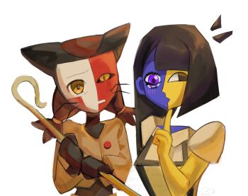 anger_vein black_hair blue_skin blunt_bangs blush colored_skin detached_arm drawn_on_eyes ena_(ena) ena_(series) ena_(species) ena_(web_series) facepaint floating_head happy_ena highres long_hair low-tied_long_hair low_poly low_twintails multicolored_skin multiple_girls overdrawn_eyeliner shirt short_sleeves split-color_skin the_shepherd_(ena) twintails two-tone_skin usagimarumei whiskers yellow_skin