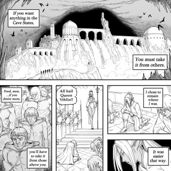 absurdres bb_(baalbuddy) bowing breasts castle crown cuffs dark-skinned_female dark_elf dark_skin elf english_text faceless faceless_male hair_over_one_eye highres large_breasts mature_female multiple_boys on_one_knee original pointy_ears ponytail queen shackles slave soldier solo_focus speech_bubble zana_(dark_elf_stepsister)