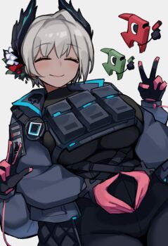 1girl ^_^ arknights black_gloves black_jacket black_shirt breasts closed_eyes closed_mouth commentary_request earrings extra_arms facing_viewer fish gloves grey_background grey_hair jacket jewelry korean_commentary kwaejina large_breasts long_sleeves mixed-language_commentary open_clothes open_jacket own_hands_together paid_reward_available partial_commentary pink_gloves pouch raidian_(arknights) shirt short_hair simple_background smile solo v w