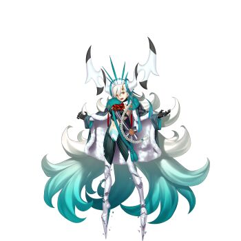 1girl aqua_hair ascot black_gloves braid breaking cape clothing_cutout detached_horns e-stellar_marie earrings fate/grand_order fate_(series) full_body fur-trimmed_cape fur_trim game_cg gloves gradient_hair hair_ribbon hat highres horns jewelry long_hair long_sleeves looking_at_viewer multicolored_hair navel official_art olga_marie_animusphere open_mouth red_ascot ribbon shattered single_braid single_horn smile solo standing stomach tachi-e takeuchi_takashi third-party_source transparent_background u-olga_marie variant_set very_long_hair white_hair white_hat yellow_eyes yellow_horns