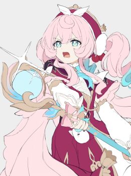 1girl blue_eyes blue_hair dress gradient_hair highres holding holding_staff honkai:_star_rail honkai_(series) hyacine_(honkai:_star_rail) ki_ii37 multicolored_hair pink_hair red_dress short_twintails solo staff twintails