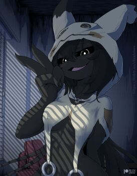 1girl :3 animal_ears animal_hood arm_behind_back artist_name black_eyes black_hair black_sclera black_skin blurry blurry_background blush breasts bright_pupils capelet collarbone colored_sclera colored_skin covered_erect_nipples dark fake_animal_ears fang female_focus gen_7_pokemon hair_between_eyes hand_up happy hood hood_up hooded_capelet indoors long_hair looking_at_viewer medium_breasts mimikyu naked_capelet navel nintendo open_mouth patchwork_clothes patreon_logo patreon_username personification pokemon pokemon_(creature) rilex_lenov sidelocks smile solo standing upper_body v very_long_hair watermark web_address white_capelet white_pupils window_blinds window_shadow