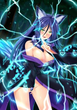 &gt;:d 1girl :d absurdres ahoge animal_ears archived_source bad_link between_legs blue_electricity blush bottomless breasts butter-t electricity energy fangs female_focus female_masturbation forest glowing glowing_clothes green_eyes hand_between_legs highres index_finger_raised japanese_clothes kimono large_breasts long_hair looking_at_viewer masturbation monster_girl monster_girl_encyclopedia monster_girl_encyclopedia_ii nature off_shoulder open_mouth purple_hair raiju_(monster_girl_encyclopedia) smile solo sparks tail v-shaped_eyebrows wide_sleeves