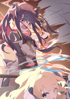 2girls :o absurdres ahoge akari_(blue_archive) apron back_bow backlighting black_dress black_hair black_horns blonde_hair blue_archive blue_eyes blue_halo blush bow bright_pupils commentary cowboy_shot demon_girl demon_horns dress explosion film_grain floating_hair fujikawa_hikari furrowed_brow fuuka_(blue_archive) hair_on_horn halo headscarf highres horns long_hair long_sleeves looking_at_another looking_at_viewer looking_down multiple_girls necktie outdoors sidelocks solo_focus standing strap_slip symbol-shaped_pupils tearing_up tears twintails white_apron white_bow white_pupils wind x-shaped_pupils yellow_necktie