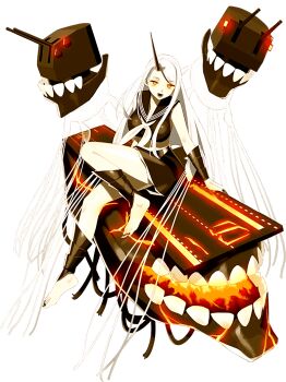 Rule 34 | abyssal aircraft carrier wasp princess, abyssal ship, ankle wrap, barefoot, black nails, black sailor collar, black shirt, black skirt, breasts, cleavage, flight deck, glowing, glowing eyes, horns, kantai collection, large breasts, long hair, midriff, neckerchief, official art, open mouth, orange eyes, sailor collar, shibafu (glock23), shirt, single horn, skirt, transparent background, white hair, white neckerchief, wrist wrap