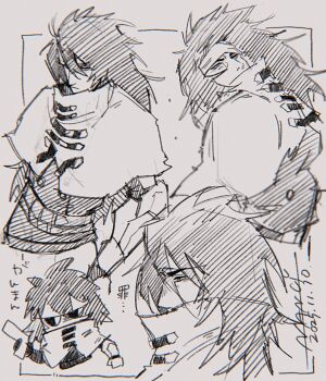 artist_name belt black_shirt chibi chibi_inset cloak covered_mouth create_nancy dated final_fantasy final_fantasy_vii furrowed_brow greyscale gun hair_between_eyes headband highres holding holding_gun holding_weapon long_hair male_focus monochrome multiple_belts multiple_views shirt sketch upper_body vincent_valentine weapon