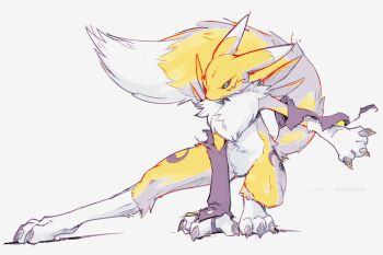 Rule 34 | ancesra, black sclera, blue eyes, body fur, colored sclera, digimon, digimon (creature), full body, highres, kitsune, renamon, simple background, solo, white background, yellow fur
