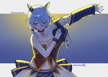 Rule 34 | 1girl, animal ears, bare shoulders, blue eyes, blue hair, blush, bodice, breasts, choker, closed mouth, collarbone, commentary request, corset, ear covers, hair between eyes, highres, horse ears, horse girl, jacket, k.s.miracle (umamusume), midriff, navel, overskirt, pendant choker, purple choker, putting on jacket, red corset, red shorts, saramiao-chan, shirt, short hair, shorts, smile, solo, starting future (umamusume), umamusume, white jacket, white shirt, wristband