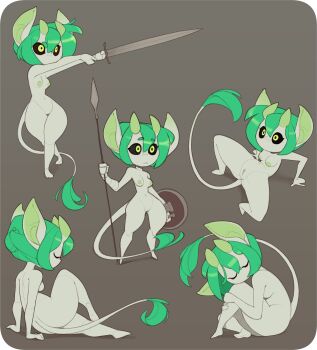 Rule 34 | 1girl, body bridge, breasts, closed eyes, closed mouth, colored skin, commentary, completely nude, crab walk, english commentary, fur-tipped tail, green eyes, green hair, green horns, green skin, grey background, head on knee, highres, holding, holding polearm, holding shield, holding sword, holding weapon, horns, huffslove, hugging own legs, large ears, medium breasts, medium hair, monster girl, multiple views, navel, nude, original, outstretched arms, pointy ears, polearm, pussy, rounded corners, shield, simple background, sitting, spear, spread legs, standing, sword, tail, tail raised, thighs, weapon, wide-eyed