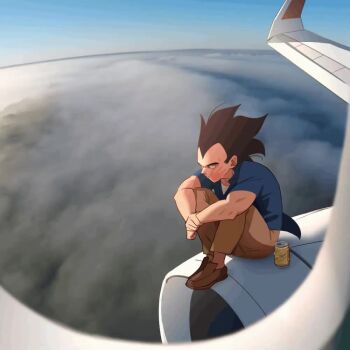 1boy aircraft airplane airplane_wing animated beer_can black_hair blue_shirt brown_pants brown_shoes can cloud dragon_ball drink_can hair_blowing jet_airliner jet_engine khyle. male_focus on_airplane pants polo_shirt san_miguel_beer shirt shoes sitting sky slap_mark slap_mark_on_face solo tagme vegeta video