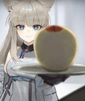 Rule 34 | 1girl, absurdres, animal ears, apple, arknights, arknights: endfield, bird ears, bird girl, black gloves, blue eyes, blurry, blurry foreground, breasts, closed mouth, commentary, depth of field, dress, food, fruit, gloves, grey hair, highres, jacket, k hottok, long hair, looking at viewer, medium breasts, open clothes, open jacket, perlica (arknights), plate, smile, solo, white dress, white jacket