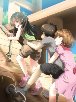 1boy 2girls black_hair black_shorts bob-cut_neighbor_girl_(tachiinu) brown_hair brown_shorts climbing closed_eyes dress green_shirt grey_shirt grey_shoes hug hug_from_behind long-haired_neighbor_girl_(tachiinu) long_hair multiple_girls neighbor_boy_(tachiinu) open_mouth original outdoors pink_dress pink_shoes playground rope shirt shoes short_hair shorts sleeveless sleeveless_shirt tachiinu torso_grab