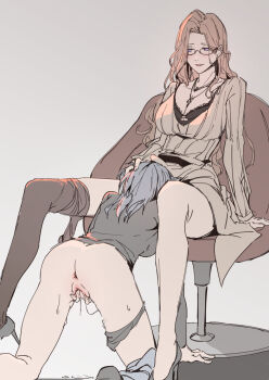 2girls anus ass assertive_female black_footwear blouse blue_hair bottomless breasts brown_hair chair chameleon_(path_to_nowhere) chief_(path_to_nowhere) cleavage cunnilingus eyewear_strap female_focus female_masturbation glasses gradient_background grey_background high_heels highres iceky jewelry kneeling large_breasts masturbation medium_breasts multiple_girls necklace oral panties_around_leg pantyhose pantyhose_around_one_leg parted_hair parted_lips path_to_nowhere purple_eyes pussy pussy_juice pussy_juice_trail shirt sitting spread_legs yuri