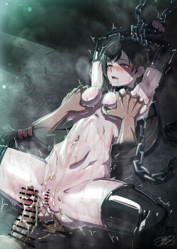 1boy 1girl after_rape aftersex ajula_wachula bar_censor black_gloves black_hair black_thighhighs breasts censored chain collar commission cum cum_overflow cumdrip deep_skin elbow_gloves final_fantasy final_fantasy_vii gloves grabbing_another&#039;s_breast groping hetero highres large_breasts long_hair low-tied_long_hair lying nipples nude on_back open_mouth penis pussy red_eyes restrained skeb_commission spread_legs tears thighhighs tifa_lockhart wet