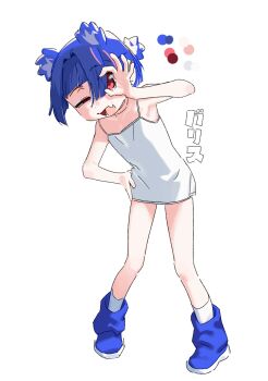 1girl animal_ears armpits bear_ears bear_girl blue_hair borrowed_character camisole chi-iz fang go!_go!_gris! gris_(go!_go!_gris!) highres no_panties no_pants one_eye_closed pink_eyes short_hair simple_background skin_fang white_background white_camisole