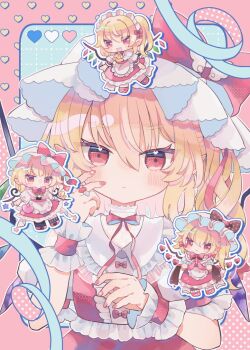 1girl alternate_costume ascot blonde_hair blush bow chibi crystal crystal_wings flandre_scarlet frills hair_between_eyes hat hat_ribbon hiyuu_(hiyualice) long_hair looking_at_viewer mob_cap multiple_girls open_mouth puffy_short_sleeves puffy_sleeves red_eyes red_nails red_ribbon ribbon short_sleeves side_ponytail skirt solo touhou wings wrist_cuffs