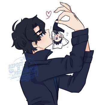 2boys black_coat black_eyes black_hair black_shirt coat collared_shirt commentary double-parted_bangs flailing giant hair_between_eyes highres imminent_vore kim_dokja kimidori_22 lifting_mini_person male_focus mini_person miniboy multiple_boys omniscient_reader&#039;s_viewpoint open_clothes open_coat popped_collar shirt short_hair size_difference sweatdrop symbol-only_commentary upper_body upside-down white_coat yoo_joonghyuk