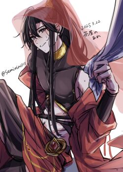 1boy abs alternate_costume arabian_clothes asymmetrical_clothes asymmetrical_gloves bishounen black_hair black_pants black_shirt blush cape covered_collarbone crop_top dancer dated detached_sleeves gloves harem_outfit highres holding_cloth long_hair looking_at_viewer male_focus midriff modao_zushi navel pants parted_lips ponytail purple_eyes red_cape red_shawl red_veil semiusa1010 shawl shirt sidelocks single_bare_shoulder sleeveless sleeveless_shirt smile solo sweat turtleneck twitter_username veil waist_cape wei_wuxian white_background