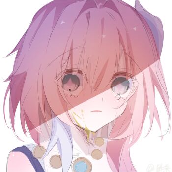 1girl cyrene_(aedes_elysiae)_(honkai:_star_rail) cyrene_(honkai:_star_rail) gold_tears gomenutude grey_eyes hair_between_eyes hair_intakes hair_ornament highres honkai:_star_rail honkai_(series) looking_at_viewer multicolored_hair parted_lips partially_shaded_face pink_hair pink_pupils portrait shade short_hair_with_long_locks simple_background solo star-shaped_pupils star_(symbol) streaked_hair symbol-shaped_pupils tears two-tone_hair white_background white_streaks wide-eyed