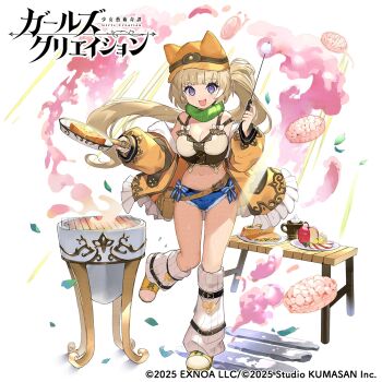 1girl apple belt belt_buckle blonde_hair blue_shorts bread bread_slice breasts buckle cleavage cooking copyright_name cup denim denim_shorts food fruit frying_pan full_body girls_creation hat highres holding holding_stick jacket large_breasts long_hair looking_at_viewer loose_socks manet_(girls_creation) marshmallow nauribon navel open_mouth ponytail purple_eyes roasted_marshmallow shoes short_shorts shorts smile smoke socks solo standing stick thighs toast very_long_hair