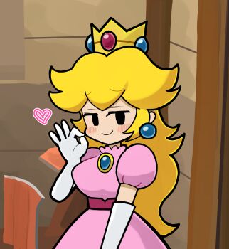 1girl black_eyes blonde_hair blue_gemstone blush brooch crown derivative_work dress earrings elbow_gloves gem gloves half-closed_eyes hand_up handjob_gesture heart highres jewelry kuwagata_zaurus long_hair looking_at_viewer mario_(series) nintendo paper_mario paper_mario:_the_thousand-year_door paper_peach pink_dress princess_peach puffy_short_sleeves puffy_sleeves screenshot_redraw seductive_smile short_sleeves smile solo sphere_earrings standing toon_(style) upper_body white_gloves