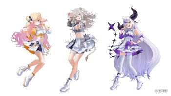 Rule 34 | 3girls, :d, ;d, ahoge, animal ear piercing, animal ears, asymmetrical legwear, asymmetrical sleeves, black horns, blonde hair, boots, braid, braided bangs, claw pose, collared shirt, color-coded, commentary request, copyright name, cropped shirt, demon horns, detached sleeves, double-parted bangs, double bun, full body, gradient hair, grey eyes, grey hair, grin, hair between eyes, hair bun, half-heart hands, hand on own hip, hand up, highres, hololive, hololive idol uniform (color rise), horns, kaoruko (unkrk55), la+ darknesss, lace-up boots, lion ears, lion girl, lion tail, long hair, long sidelocks, looking at viewer, midriff, miniskirt, mismatched sleeves, momosuzu nene, multicolored hair, multicolored shirt, multiple girls, navel, official alternate costume, official art, one eye closed, open mouth, pantyhose, pink hair, platform boots, pointy ears, puffy detached sleeves, puffy short sleeves, puffy sleeves, purple streaks, shirt, shishiro botan, short sleeves, side up bun, sidelocks, simple background, single detached sleeve, single leg pantyhose, single sleeve, single thighhigh, skirt, slit pupils, smile, standing, striped horns, tail, thighhighs, two side up, uneven legwear, very long hair, virtual youtuber, white background, white pantyhose, white shirt, white skirt, white thighhighs, yellow eyes