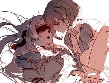 2girls after_kiss bang_dream! bang_dream!_it's_mygo!!!!! blue_jacket blush brown_eyes chihaya_anon commentary grey_hair jacket lolitesapphire long_hair multiple_girls open_mouth pink_hair pointy_ears saliva saliva_trail shirt short_hair simple_background symbol-only_commentary takamatsu_tomori white_background white_shirt yuri