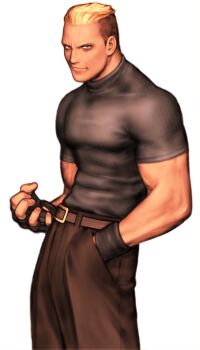 Rule 34 | 1boy, belt, black hair, blonde hair, capcom vs. snk, evil smile, fatal fury, fingerless gloves, game cg, gloves, hand in pocket, hand up, highres, looking at viewer, looking to the side, male focus, mori toshiaki, multicolored hair, muscular, muscular male, non-web source, official art, short hair, simple background, smile, solo, teeth, the king of fighters, two-tone hair, white background, yamazaki ryuuji