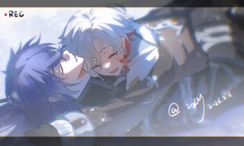 Rule 34 | 2boys, blue hair, brown coat, closed eyes, coat, colored tips, commentary request, earrings, flins (genshin impact), fur-trimmed coat, fur trim, genshin impact, grey hair, highres, houhouhou0103, illuga (genshin impact), jewelry, male focus, mole, mole under eye, multicolored hair, multiple boys, open mouth, recording, red hair, silver trim, single earring, two-tone hair, watermark, winter clothes, yaoi