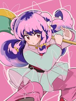 1girl blowing_bubbles chinese_clothes double_bun dress hair_bun long_hair purple_hair ranma_1/2 ribbon shampoo_(ranma_1/2)