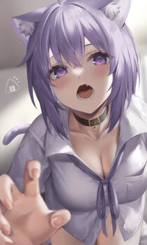 1girl absurdres animal_ears belt_collar blurry blurry_foreground breasts buckle cat_ears cat_tail choker claw_pose cleavage collar collarbone crossed_bangs fang hibimaru highres hololive large_breasts leaning_forward nekomata_okayu nekomata_okayu_(oversized_shirt) open_mouth purple_eyes purple_hair ribbon saliva shirt tail teeth thighs tongue virtual_youtuber white_shirt