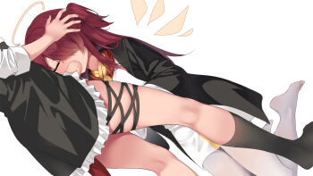 1futa 1girl arknights begging black_coat black_socks censored character_request closed_eyes coat exusiai_(arknights) exusiai_the_new_covenant_(arknights) fellatio fiammetta_(arknights) frilled_skirt frills futa_with_female futanari hair_over_one_eye halo highres kataokasan kneeling long_hair long_shirt mosaic_censoring open_mouth oral pantyhose penis red_hair shirt side_ponytail skindentation skirt socks teeth white_pantyhose white_shirt