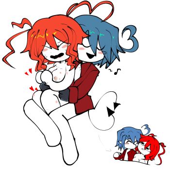 1boy 1girl aftersex ahoge antennae barefoot blue_hair blush_stickers breasts cigarette closed_eyes clothed_male_nude_female collared_jacket colored_skin demon_tail funamusea heart heart_ahoge hetero hickey hijoushiki_roc holding holding_cigarette jacket kiss large_breasts lobco_(funamusea) musical_note nipples no_pants nude oounabara_to_wadanohara open_clothes open_jacket open_mouth rape red_hair red_jacket sam_(sillylinariafan) short_hair sidelocks simple_background smoking tail triangle_mouth white_background white_skin