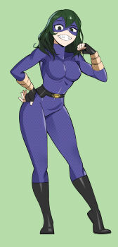 1girl absurdres belt black_footwear black_gloves bodysuit boku_no_hero_academia clenched_teeth contrapposto domino_mask eye_mask fingerless_gloves full_body gloves green_background green_eyes hand_on_own_hip highres kopam mask medium_hair purple_bodysuit purple_mask simple_background skin_tight smile solo teeth tokage_setsuna