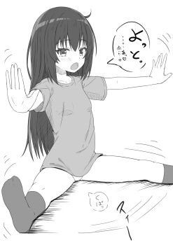 1girl breasts commentary_request greyscale highres loli long_hair looking_at_viewer monochrome no_shoes open_mouth original outstretched_arms panties shadow shirt short_sleeves simple_background sitting small_breasts socks solo speech_bubble spread_arms spread_legs takasuma_hiro translation_request underwear very_long_hair white_background