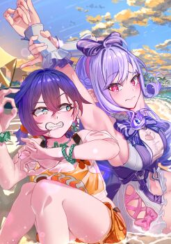 2girls ahoge arms_up beach belle_(summer_skies)_(zenless_zone_zero) belle_(zenless_zone_zero) blush bow breasts cleavage closed_mouth clothing_cutout cloud earrings green_eyes hair_between_eyes hair_bow harukimatsui_25 heart_cutout highres jewelry looking_at_another medium_breasts mole mole_under_eye multiple_girls official_alternate_costume one-piece_swimsuit orange_shorts pink_eyes ponytail purple_hair see-through_clothes see-through_shirt shirt shorts sideboob sitting swimsuit teeth vivian_banshee vivian_banshee_(iris_of_the_shore) white_one-piece_swimsuit zenless_zone_zero