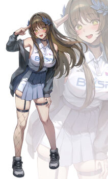 1girl armpits bare_shoulders black_choker black_jacket black_survival blue_skirt breasts brown_hair choker clothes_writing collared_shirt eternal_return:_black_survival fishnet_thighhighs fishnets green_eyes gweon_sua gyogyog hair_branch hand_on_own_thigh hand_up high-waist_skirt highres jacket large_breasts leaning_forward long_hair long_sleeves looking_at_viewer off_shoulder open_clothes open_jacket pleated_skirt salute shirt shirt_tucked_in shoes simple_background single_thighhigh skindentation skirt sleeveless sleeveless_shirt solo symbol-shaped_pupils thigh_strap thighhighs two-finger_salute white_background white_shirt zoom_layer