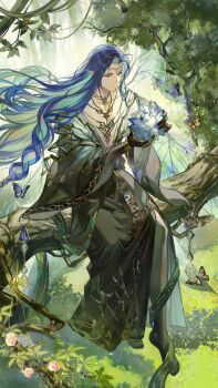 1boy animal aqua_hair barefoot black_feet black_gloves black_nails black_robe black_skin blue_butterfly blue_eyes blue_gem blue_hair bracelet braid bug butterfly chinese_commentary circlet clarence_clayden closed_mouth collarbone colored_extremities colored_inner_hair colored_skin commentary_request curtained_hair elbow_gloves fairy fairy_wings flower forest full_body gem gloves grass green_ribbon hand_chains highres holding holding_animal in_tree insect insect_wings jewelry long_hair long_sleeves looking_at_animal lovebrush_chronicles male_focus moth multicolored_hair multiple_necklaces nail_polish nature necklace orange_butterfly parted_bangs pink_flower pink_rose plunging_neckline pointy_ears reno0727 ribbon robe rose side_braid single_bare_leg sitting sitting_in_tree smile solo toenail_polish toenails tree two-tone_robe very_long_hair white_robe wide_sleeves wings