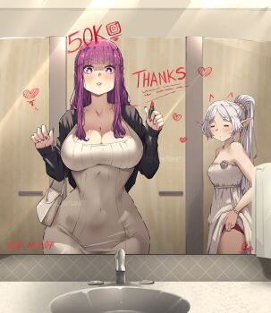 2girls bag black_jacket blunt_bangs breasts cleavage clothes_lift cosmetics dress dress_lift elf faucet fern_(sousou_no_frieren) frieren handbag high_ponytail holding holding_lipstick_tube indoors jacket jk_arts large_breasts lipstick lipstick_tube long_hair looking_at_viewer makeup milestone_celebration mirror multiple_girls panties pointy_ears ponytail public_restroom purple_eyes purple_hair red_panties reflection sink sousou_no_frieren underwear white_dress white_hair