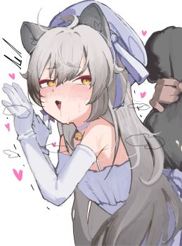 absurdres animal_ears bell blue_archive blush dress gloves grey_dress grey_hair hat heart highres long_hair michiru_(blue_archive) mirumiru neck_bell ribbon sex sex_from_behind simple_background tail tail_grab white_background