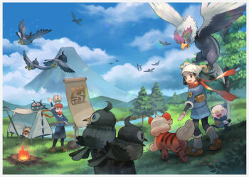 1boy 1girl akari_(pokemon) arm_up bidoof bird border brown_footwear campfire cloud commentary_request day gen_4_pokemon gen_5_pokemon gen_7_pokemon grass hat headscarf highres hisuian_braviary hisuian_growlithe jacket kikuyoshi_(tracco) long_hair loose_socks nintendo on_head oshawott outdoors pants pantyhose pokemon pokemon_(creature) pokemon_legends:_arceus pokemon_on_head ponytail red_scarf rei_(pokemon) rowlet scarf shirt shoes sidelocks skirt sky socks standing starly tent tree white_border white_headscarf white_headwear