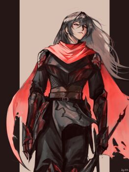 Rule 34 | 1girl, absurdres, arm guards, armor, bad link, belt, black hair, black shirt, breastplate, cape, cowboy shot, floating hair, grin, highres, holding, holding sword, holding weapon, logicsterrr, long hair, morgan (shadow slave), outside border, parted lips, pelvic curtain, pillarboxed, red cape, red eyes, shadow slave, shirt, shoulder armor, smile, standing, sword, torn cape, torn clothes, weapon