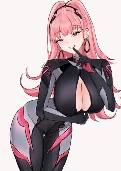 Rule 34 | 1girl, breasts, cleavage, earrings, finger to mouth, fire emblem, fire emblem: three houses, hilda valentine goneril, jewelry, large breasts, long hair, looking at viewer, nintendo, pink eyes, pink hair, smile, solo