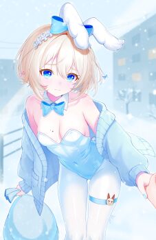 1girl absurdres animal_ear_hairband animal_ears blonde_hair blue_bow blue_bowtie blue_eyes blue_jacket blue_leotard bow bowtie breasts covered_navel cowboy_shot detached_collar fake_animal_ears felixkohai hairband highres jacket leaning_forward leotard open_clothes open_jacket original pantyhose playboy_bunny rabbit_ears rabbit_tail short_hair small_breasts solo strapless strapless_leotard tail thigh_strap white_pantyhose