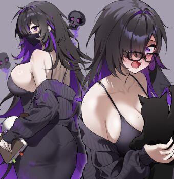 1girl @_@ absurdly_long_hair absurdres animal ass ayoni_623 black_dress black_hair blush book breasts cat colored_inner_hair commentary dress english_commentary glasses goddess_of_victory:_nikke grey_background highres holding holding_animal holding_book holding_cat label_(nikke) large_breasts long_hair looking_at_viewer mask mole mouth_mask multicolored_hair purple_eyes purple_hair simple_background skull taut_clothes taut_dress two-tone_hair very_long_hair