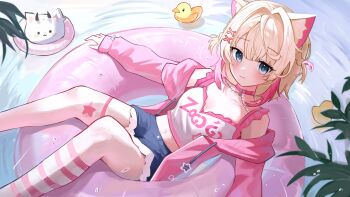 1girl absurdres afloat animal_ear_fluff animal_ears asymmetrical_legwear blonde_hair blue_eyes blue_skirt braid camisole clothes_writing collar commentary commentary_request dog_ears dog_girl frilled_camisole frilled_straps frills hair_ornament highres hololive hololive_english innertube jacket kneehighs korean_commentary leaf looking_at_viewer mismatched_legwear mococo_abyssgard mococo_abyssgard_(casual) multicolored_hair myang navel official_alternate_costume on_innertube perroccino_(fuwamoco) pink_collar pink_hair pink_jacket rubber_duck shirt short_hair side_braids single_kneehigh single_sock skirt socks streaked_hair striped_clothes striped_socks swim_ring thighhighs two_side_up virtual_youtuber water white_camisole white_thighhighs x_hair_ornament