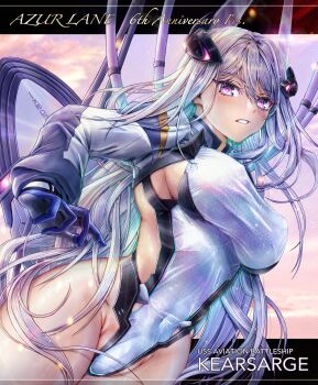 1girl absurdres anniversary aqua_pupils azur_lane breasts character_name commander_kei commentary_request gloves hair_between_eyes headgear highres kearsarge_(azur_lane) large_breasts leotard long_hair long_sleeves looking_at_viewer multicolored_leotard power_connection purple_eyes purple_leotard shrug_(clothing) sideboob sideless_leotard solo taut_leotard two-tone_gloves very_long_hair white_hair white_leotard
