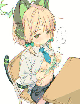 ... 1girl animal_ear_headphones animal_ears blonde_hair blue_archive blue_necktie bow breasts cat_ear_headphones cat_ears chair clothes_lift fake_animal_ears gorirago green_bow green_eyes green_halo hair_bow halo headphones highres loli looking_at_viewer midori_(blue_archive) necktie on_chair shirt shirt_lift simple_background sitting small_breasts solo spoken_ellipsis table white_background white_shirt