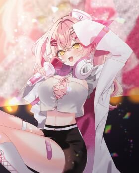 1girl bandaid_on_thigh black_skirt breasts cleavage coat commission crop_top drill_hair hair_ornament hair_ribbon hairclip haruta_maki hat headphones headphones_around_neck highres holding holding_microphone indie_virtual_youtuber large_breasts long_hair long_sleeves looking_at_viewer microphone minaton nurse_cap open_clothes open_coat pink_hair red_ribbon ribbon skeb_commission skirt solo twin_drills twintails virtual_youtuber white_coat yellow_eyes
